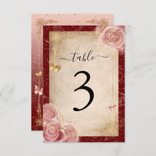 Elegante Burgund Rosa Rose Gold Tischnummer Cards (Vorne/Hinten)