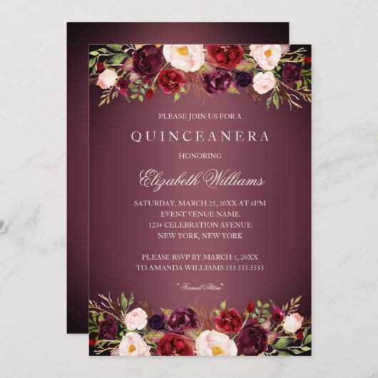 Elegante Burgund Rose Quinceanera Einladung (Vorne/Hinten)