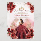 Elegante Burgund Rote Prinzessin Blume Quinceañera Einladung (Vorne/Hinten)