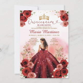 Elegante Burgund Rote Prinzessin Blume Quinceañera Einladung
