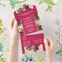 Elegante Burgund Rote Rustikale Rose Hochzeit All In One Einladung