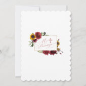 Elegante Burgund Sonnenblumen Gold Cross Taufe Einladung (Rückseite)