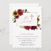 Elegante Burgund Sonnenblumen Gold Cross Taufe Einladung (Vorne/Hinten)