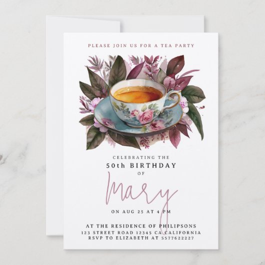 Elegante Burgund Teezeremonie Party Parco Tassino Einladung (Vorderseite)