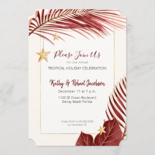 Elegante Burgund und Gold Tropical Holiday Party Einladung