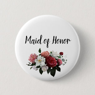 Elegante Burgund- und rosa Blumen Brautjungfer Button