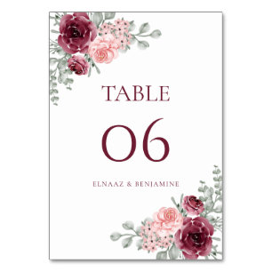 Elegante Burgund und Rosa Rosen Aquarell-Hochzeit Tischnummer