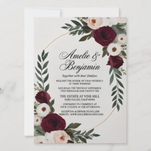 Elegante Burgund- und Rosé-Blumenhochzeitseinladun