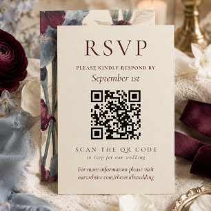 Elegante Burgund und Staubblau QR-Code-Hochzeit RSVP Karte