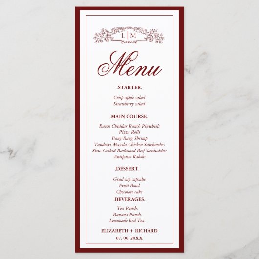 Elegante Burgund-Wappen-Monogramm-Hochzeit Menükarte (Vorderseite)