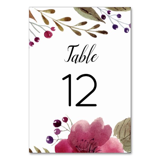 Elegante Burgund Wasserfarben-Blume Hochzeit Tischnummer (Rückseite)