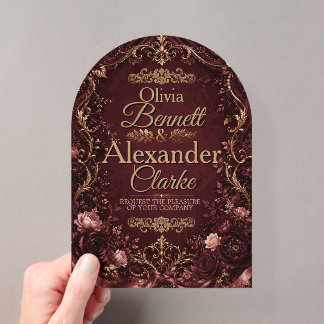 Elegante Burgund Weinrot Gold Blumen Hochzeit Vint Acryleinladungen
