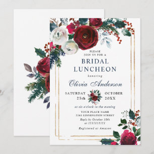 Elegante Burgund Winter Rose BRIDAL LUNCHEON Einladung