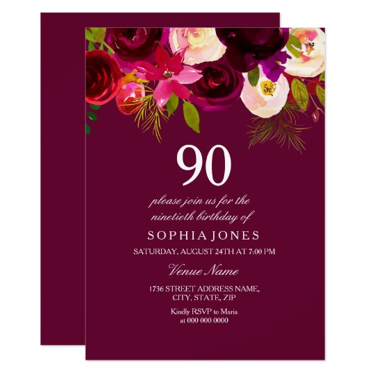 Elegante Burgunder Blumen 90 Geburtstag Laden Ein Einladung Zazzle De