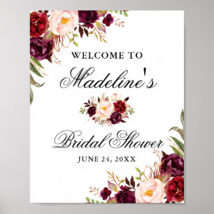 Elegante Burgunder Blumen-Brautparty Poster
