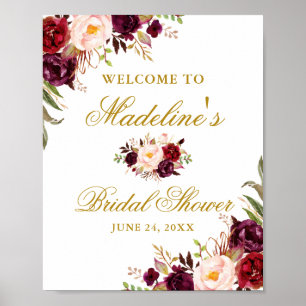 Elegante Burgunder Blumen Goldene Brautparty Poster