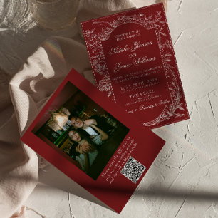 Elegante Burgunder Blumen QR Code Foto Hochzeit Einladung