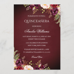 Elegante Burgunder Blumen Quinceanera Einladung