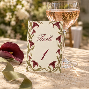 Elegante Burgunder-Calla-Lily-Hochzeitsempfang Tischnummer