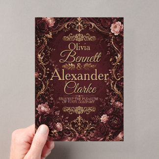 Elegante Burgunder-Gold-Blumen-Hochzeit im Vintage Acryleinladungen
