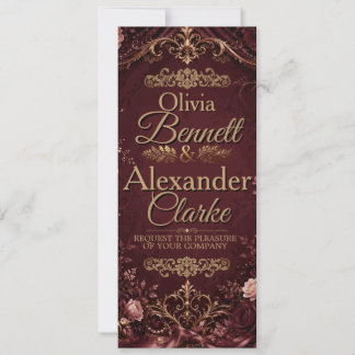 Elegante Burgunder-Gold-Blumen-Hochzeit im Vintage Einladung