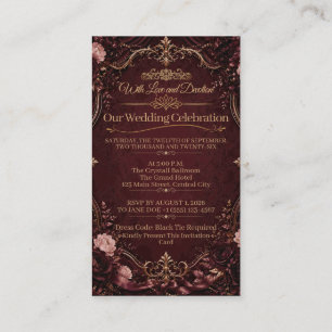 Elegante Burgunder-Gold-Blumen-Hochzeit im Vintage Visitenkarte
