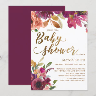 Elegante Burgunder-Gold-Blumen-Script-Baby-Party Einladung