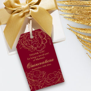 Elegante Burgunder-Gold-Blumen-Skizze Quinceanera Geschenkanhänger