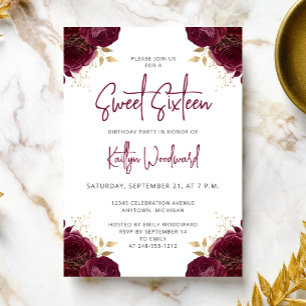 Elegante Burgunder-Gold-Blumen-Süße 16-Party Einladung
