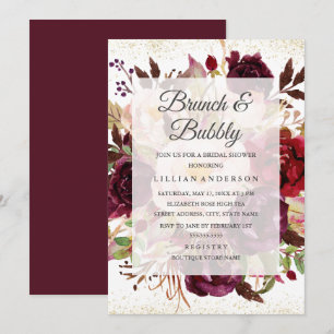 Elegante Burgunder-Gold-Blüten-Brunch- und Sprudel Einladung
