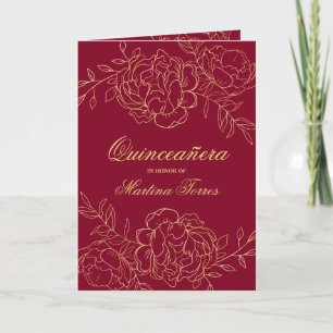 Elegante Burgunder-Gold-Fine-Art-Floral-Quinceaner Einladung