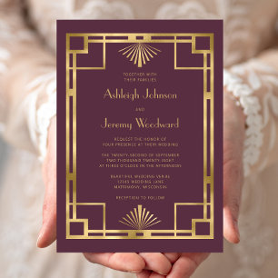 Elegante Burgunder-Gold-Geometrie-Deco-Hochzeit Einladung