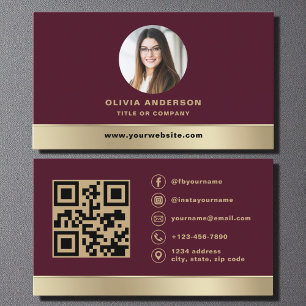 Elegante Burgunder-Gold-Logo-QR-Code-Foto Visitenkarte