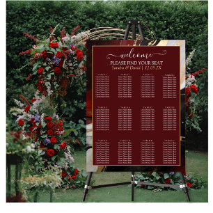 Elegante Burgunder-Gold-Marmor-Hochzeits-Sitzplan Poster