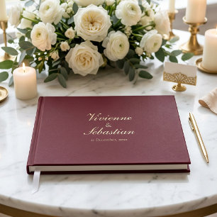 Elegante Burgunder-Gold-Schrift Minimalistische Ho Gästebuch