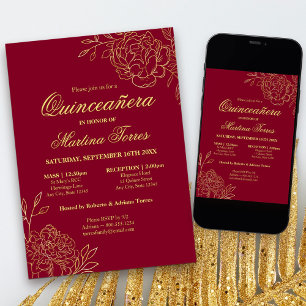 Elegante Burgunder-Gold-Skizze Floral Quinceanera Einladung
