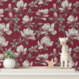 Elegante Burgunder-Magnolie Peel und Stick Tapete
