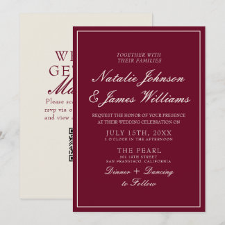 Elegante Burgunder-Old-Money-QR-Code-Hochzeit Einladung