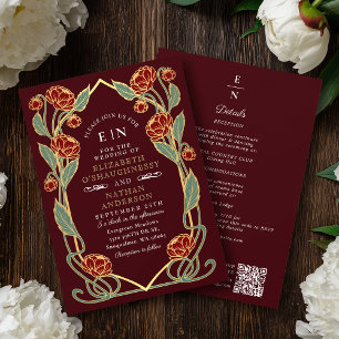 Elegante Burgunder-Pfingstrose Art Nouveau QR-Code Einladung