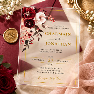 Elegante Burgunder-Rosa Florale Goldene Hochzeit Acryleinladungen