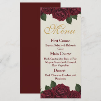 Elegante Burgunder-Rosen- und Gold-Blumen-Hochzeit Menükarte