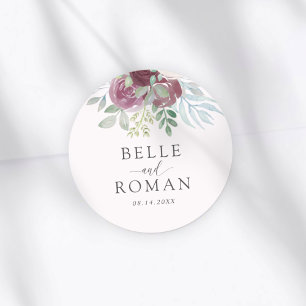 Elegante Burgunder-Rosen-Watercolor-Hochzeit Runder Aufkleber