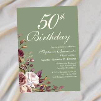 Elegante Burgunder-Sage-Blumen zum 50. Geburtstag Einladung