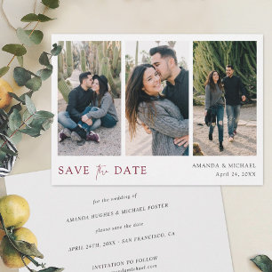 Elegante Burgunder Schrift Mehrfach-Foto-Collage Save The Date