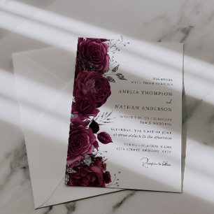 Elegante Burgunder Silber Blumenhochzeit Einladung
