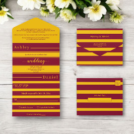 Elegante Burgunder und goldene Streifen Luxushochz All In One Einladung