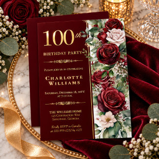 Elegante Burgunder-Weinrose Blumen zum 100. Geburt Folieneinladung