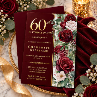 Elegante Burgunder-Weinrose Floral 60. Geburtstag Folieneinladung