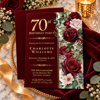 Elegante Burgunder-Weinrose Floral 70. Geburtstag Folieneinladung