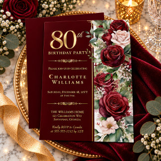 Elegante Burgunder-Weinrose Floral 80. Geburtstag Folieneinladung